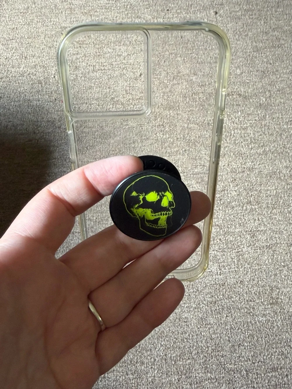 Clear Phone Case with Black Skull PopSocket - Green Skull Design